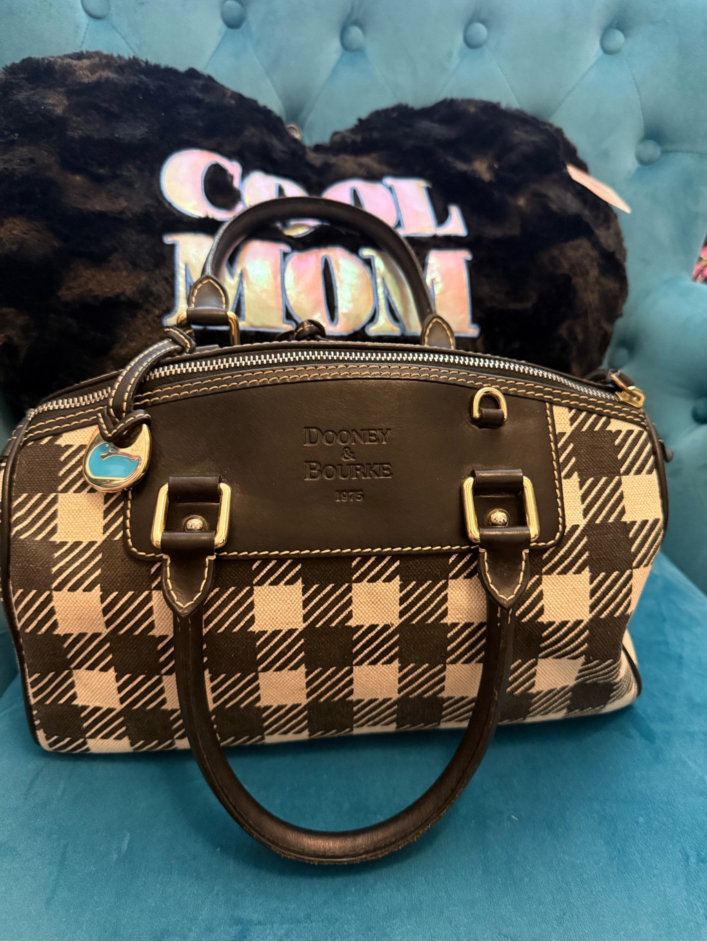 Vintage Classy Dooney & Bourke Black And Cream Plaid Satchel Handbag